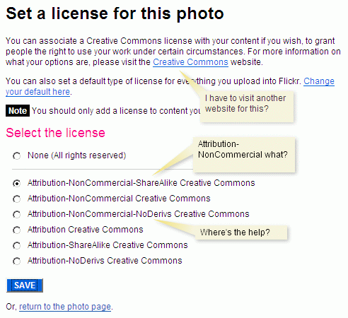An image of the Flickr page that lets you choose a Creative Commons license for your photograph. Unfortunately, they do not provide contextual help on what these licenses mean