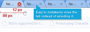Close icon width 1/7 th the width of tab width making it easy to mistakenly close the tab instead of selecting it